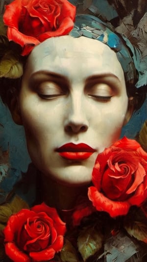 A dramatic surrealist All-Rose Digital Painting, in Max Ernst's style,  on different papers, different looks, different colours, intricately textured, structured and detailed,  deep focus, deep contrast, clear outlines, detailmaster2,  backlight, scarlet-grey background, dark palette,oil paint,digital painting,art_booster,Digital_Madness