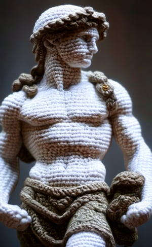 A crocheted David of Michelangelo,  dark palette,  high resolution and contrast and colour contrast,  intricately textured and extremely subtle detailed,  detailmaster2,  side-light, ultra quality,  fine artwork 