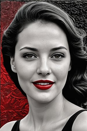  (photographic artwork, masterpiece) (((monochrome  image 40s style black and white) and red ), yellow hue to the background)  a full-body  portrait  of a grinning  lady with dark red lipstick coloured lips in a parc , dark palette , transparent  fading,  resolution and contrast and colour contrast,  intricately textured and extremely subtle detailed,  detailmaster2,  side-light,  ultra quality,  fine artwork 