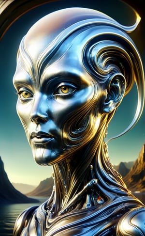 Out of a heavy seastorm with branding waves appears a female scifi creature of liquid metal with an unreadable expression, dark palette,  high resolution and contrast and colour contrast,  intricately textured and extremely subtle detailed,  detailmaster2,  side-light,  ultra quality,  fine artwork 