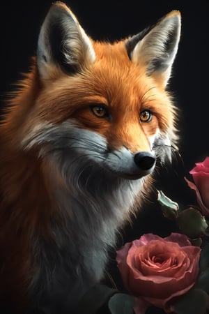 A cute foxsmells on a rose  and shows therefore consternation,  dramatic surrounding  and atmosphere, high resolution and contrast and colour contrast,  intricately textured and extremely detailed,  detailmaster2,  side-light,  ultra quality,  dark palette