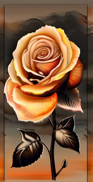 A rose plant, yellowish/reddish blossom, highlighted, orange/grey background,  dark palette,  high resolution and contrast,  high colour contrast,  intricately textured and detailed,  deep focus,  depth of field,  ultra quality ,ink art,Pomological Watercolor,DonM3x71nc710nXL,transparent fading,DonM1r0nF1l1ng5XL,DonMSp3ctr4lXL,DonMC0ff33Ch0c  