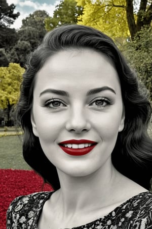  (photographic artwork, masterpiece) (((monochrome  image 40s style black and white) and red ), yellow hue to the background)  a full-body  portrait  of a grinning  lady with dark red lipstick coloured lips in a parc , dark palette , transparent  fading,  resolution and contrast and colour contrast,  intricately textured and extremely subtle detailed,  detailmaster2,  side-light,  ultra quality,  fine artwork 