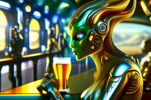 A very slim kind of feminine attractive scifi and tech creature of Venus is drinking her pint of beer on the bar in a pub and flirting with the man behind the bar, high resolution and contrast and colour contrast,  intricately textured and scifi, extremely subtle detailed, detailmaster2,  side-light,  ultra quality,  fine artwork ,DonMX3n0T3chXL