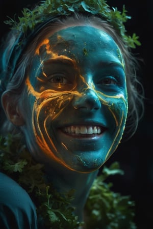 The face of a laughing beauty masked with a crust  of parsley,thyme and sage on the face  with a bioluminescent effect, high resolution and contrast and colour contrast,  intricately textured and extremely detailed,  detailmaster2,  backlight,  ultra quality,  dark  vivid palette , light-orange/yellow luminescent background, blue middleground
 ,LuminescentCL