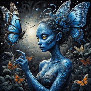 (Comic  Art) an Alien with a blue swirled skin and amazing empathy for living organisms dances together with a butterfly,  dark palette, high  resolution and contrast and colour contrast,  intricately textured and extremely subtle detailed,  detailmaster2,  side-light,  ultra quality,  fine artwork 