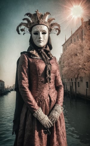 An infrared double-exposure  first shot the sunrise over a canale in Venice second shot 1 male and 1 female vis-a-vis in classical venetian carnival masking,  high resolution and contrast and colour contrast,  intricately textured and extremely subtle detailed,  detailmaster2,  backlight,  ultra quality,  fine artwork 