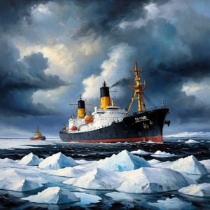 (Oil painting,  masterpiece ) dramatic scene, an ice-breaker inmidst of a storm  near the southpolar region, epic view,  dark palette,  high resolution and contrast and colour contrast,  intricately textured and extremely subtle detailed,  detailmaster2,  side-light,  ultra quality,  fine artwork 