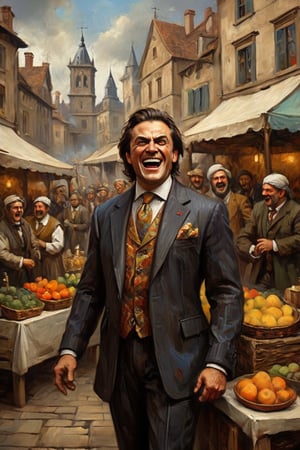 (Oil painting,  masterpiece time travel style) dramatic scene 1 politician angry grinning like a Harlekin speaching on a marketplace wearing elegant men's suits but Renaissance make-up, first person view,  dark palette,  high resolution and contrast and colour contrast,  intricately textured and extremely subtle detailed,  detailmaster2,  side-light,  ultra quality,  fine artwork 