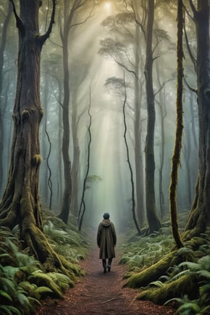 (Photographic artwork) a mysterious forest and a mysterious human both mystic through light and colouring, dark palette,  high resolution and contrast and colour contrast,  intricately textured and extremely subtle detailed,  detailmaster2,  side-light,  ultra quality,  fine artwork 