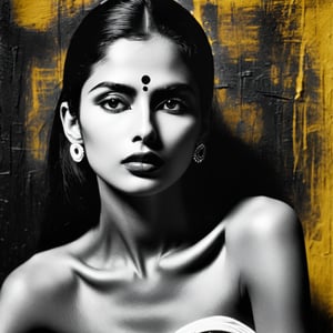 (Art photography,  masterpiece) ((monochrome photography,  black/white)indian yellow background) ( female act model in museum atmosphere,  in the style of Man Ray) dark  palette, high resolution and contrast and colour contrast,  intricately textured and extremely subtle detailed,  detailmaster2,  side-light,  ultra quality,  fine artwork