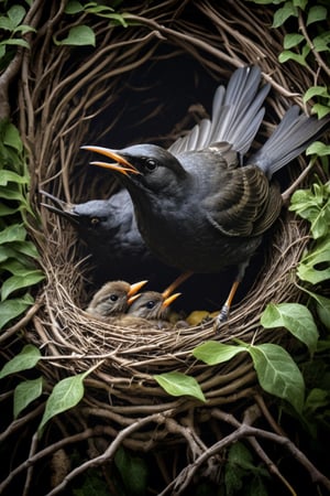 A blackbird feeding its nestlings  in his nest among bushes, high  resolution and contrast,  high colour contrast,  intricately textured and extremely detailed,  detailmaster2,  side-light,  ultra quality,  dark palette ,