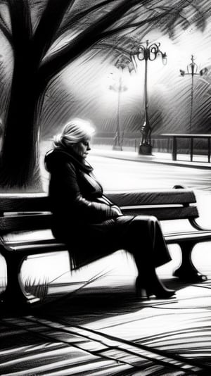 A charcoal sketch of an elderly woman sitting alone on a park bench staring into the emptiness of the day, cold atmosphere,  high resolution and contrast,  intricately textured and detailed,  detailmaster2,  side-light,  ray tracing shadows,  best quality ,charcoal drawing,CharcoalDarkStyle