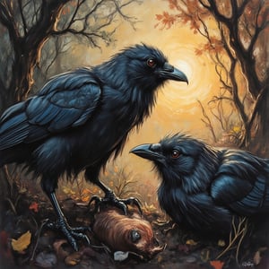 (((Coloured Pencil drawing, masterpiece)))_(((crows picking on dead bats in the early morning:1.7)))_volumetric lighting, dramatic atmosphere, dark palette, 28mm, t1/250, f14,  deep focus, high resolution and contrast and colour contrast,  intricately textured and extremely subtle detailed,  detailmaster2, side-light,  ultra quality,  fine artwork , Raw Photo