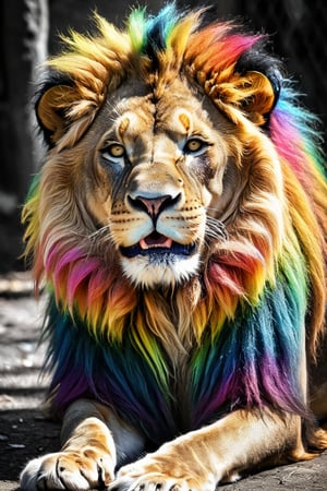  (photographic artwork) (monochrome  image 70s style black and white and rainbow colours)  a full-body  portrait  of a grinning  lion with a rainbow coloured  mane in a zoo, dark palette , transparent  fading,  resolution and contrast and colour contrast,  intricately textured and extremely subtle detailed,  detailmaster2,  side-light,  ultra quality,  fine artwork 