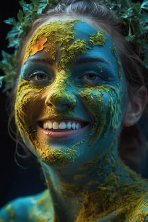 The face of a laughing beauty masked with a crust  of parsley,thyme and sage on the face  with a bioluminescent effect, high resolution and contrast and colour contrast,  intricately textured and extremely detailed,  detailmaster2,  side-light,  ultra quality,  dark  vivid palette , light-orange/yellow luminescent background, blue middleground
 ,LuminescentCL