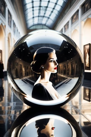 (((Black and white photography)))(((Art photography, masterpiece)))_( A large round glass ball filling the image, lying on a museum floor shows the reflection  of an elegant woman of the 30s in forced perspective:1.7)_(black and white  surroundings:1.2),  dark palette, 28mm, t1/250, f14,  high resolution and contrast and colour contrast,  intricately textured and extremely subtle detailed,  detailmaster2,  side-light,  ultra quality,  fine artwork , crystal sword 