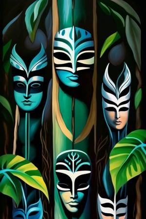 (A totem dance in rainforest around a masked tree with cut in masks  of gods and demons:1.6),BREAK,(masked with demonesc wood masks, men and women dancing together around the tree:1.2),BREAK, (dark greens, browns, grays, yellows and muted colours:1.2), intense atmosphere, action, elegant deep focus, detailmaster2,  strobe lighting, concept art, ultra quality,  fine artwork 