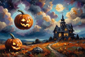 (((Colour painting)_(((Art painting, masterpiece)))_(((the painting of a Jack-o-lantern and the ghost of Jack at samhain by night:1.7)))_(((background, grassy plain all over in scarlet/indigo/tan:1.3)))_(((in the sky fantastically formed clouds:1.3)))_volumetric lighting, dramatic atmosphere, dark palette, 28mm, t1/250, f14,  deep focus, high resolution and contrast and colour contrast,  intricately textured and extremely subtle detailed,  detailmaster2, side-light,  ultra quality,  fine artwork , Raw Photo