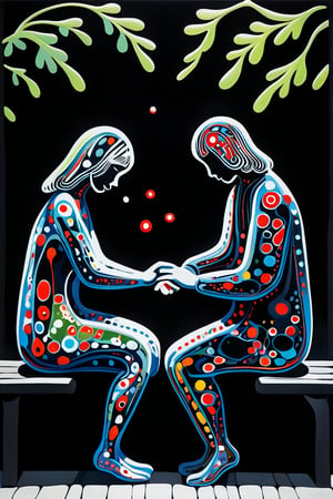 (Minimalism) a Yayoi Kusama style minimalist painting of 2 young lovers sitting and holding hands on a parc bench, dark palette,  high resolution and contrast and colour contrast,  intricately textured and extremely subtle detailed,  detailmaster2,  side-light,  ultra quality,  fine artwork 