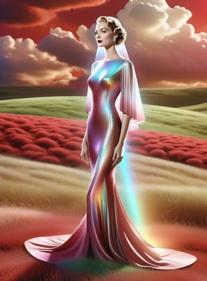 (((Colour photography)))_(((Art photography, masterpiece)))_(((the photograph of an elegant holographic vintage Lady of the 30s:1.7)))_(((background, grassy plain all over in scarlet/maroon:1.3)))_(((in the sky fantastically formed clouds:1.3)))_volumetric lighting,  dark palette, 28mm, t1/250, f14,  deep focus, high resolution and contrast and colour contrast,  intricately textured and extremely subtle detailed,  detailmaster2, side-light,  ultra quality,  fine artwork , Raw Photo