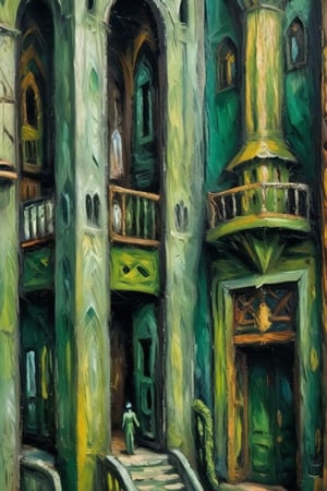 A surrealistic oil paint reminiscenting rainforest life, structures and textures intermingle, it's also concrete as fantastical, no perspective, 1 image plane view, extra dark palette of greens and browns, masterpiece,  ultra quality,  fine artwork inspired  by Max Ernst's works 