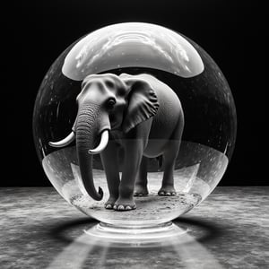 (((Black and white photography )))_(((Art photography, masterpiece)))_( A large round translucent concrete crystal  ball filling the image, lying on a museum floor  reflecting  an elephant in divergent perspective:1.7)_(black and white  surroundings:1.2),  dark palette, 28mm, t1/250, f14,  high resolution and contrast and colour contrast,  intricately textured and extremely subtle detailed,  detailmaster2,  side-light,  ultra quality,  fine artwork , Raw Photo