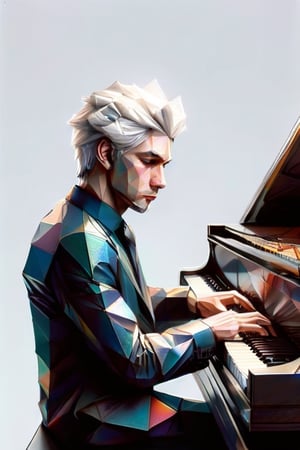 solo, 1man, sitting, white hair, male focus, instrument, reflection, playing instrument, piano, grand piano, f 22, t 1/200, 35mm, deep focus, depth of field,  detailmaster2,  charismatic aura, 8k rendered ,ral-polygon
