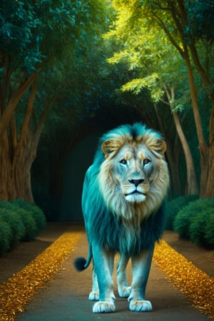  (photographic artwork) (monochrome  image 70s style black and white and teal )  a full-body  portrait  of a  lion in a zoo. The lion has a teal coloured   mane  , dark palette , transparent  fading,  resolution and contrast and colour contrast,  intricately textured and extremely subtle detailed,  detailmaster2,  side-light,  ultra quality,  fine artwork 