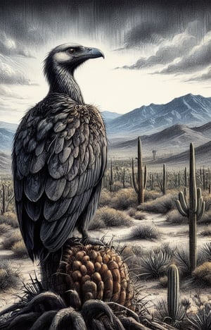 A charcoal ink coloured drawing of Saguaro cacti wit a vulture, high resolution and contrast and colour contrast,  dark palette,  intricately textured and extremely expressively detailed, detailmaster2,  fine artwork,  ultra quality,  epic view ,CharcoalDarkStyle,charcoal drawing,ink art,line art illustration