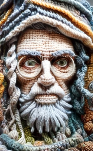 The fully crocheted portrait of an old, wise looking man looking into the wide in a fully crocheted 
parc background,  dark palette,  high resolution and contrast and colour contrast,  intricately textured and extremely subtle detailed, detailmaster2, epic view, side-light, ultra quality,  fine artwork 