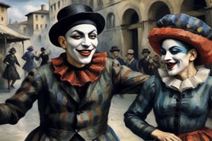 (Oil painting,  masterpiece Picasso style) dramatic scene 2 angry grinning Harlekin in ceckered costumes dancing on a marketplace , first person view,  dark palette, watercolor like colouring, high resolution and contrast and colour contrast,  intricately textured and extremely subtle detailed,  detailmaster2,  side-light,  ultra quality,  fine artwork 