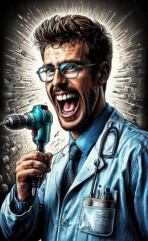 (Ink drawing) a dentist going crazy with his drill, dark vivid palette,  high resolution and contrast and colour contrast,  intricately textured and extremely subtle detailed,  detailmaster2,  side-light,  ultra quality,  fine artwork ,ink art,DonMD347hM374lXL 