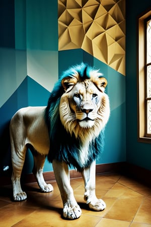  (photographic artwork) (monochrome  image 70s style black and white and teal )  a full-body  portrait  of a  lion in a zoo. The lion has a teal coloured   mane  , dark palette , transparent  fading,  resolution and contrast and colour contrast,  intricately textured and extremely subtle detailed,  detailmaster2,  side-light,  ultra quality,  fine artwork 