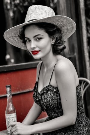  (photographic artwork, masterpiece) (((monochrome  image 40s style black and white) and red ), yellow hue to the background)  a full-body  portrait  of a grinning  lady with dark red lipstick coloured lips wearing a small straw hat in a parc , dark palette , transparent  fading,  resolution and contrast and colour contrast,  intricately textured and extremely subtle detailed,  detailmaster2,  side-light,  ultra quality,  fine artwork 