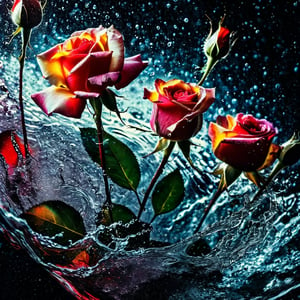 (((Black and white photography)))_(((Colour photography)))_(((Art photography, masterpiece)))_( an image filling glass with water,:1.5)_( red, blueyellow watercolour diffusing into the water in accelerated curvilinear perspective:1.7)_(in the foreground are red, yellow and orange roses:1.5)_(in the background green figure:1.3)_(black and white  surroundings:1.2),  dark palette, 28mm, t1/250, f14,  deep focus, high resolution and contrast and colour contrast,  intricately textured and extremely subtle detailed,  detailmaster2,  backlight, dramatic  lighting, ultra quality,  fine artwork , Raw Photo