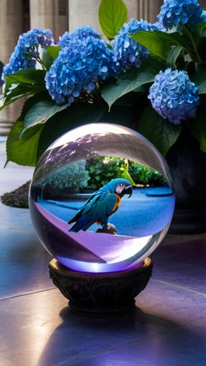 (((Black and white photography )))_(((Art photography, masterpiece)))_( A large round translucent concrete crystal  ball filling the image, lying on a museum floor  reflecting a blue mawcaw parrot ,a light-violet hydrangea  in divergent perspective:1.7)_(black and white  surroundings:1.2),  dark palette, 28mm, t1/250, f14,  high resolution and contrast and colour contrast,  intricately textured and extremely subtle detailed,  detailmaster2,  side-light,  ultra quality,  fine artwork , Raw Photo