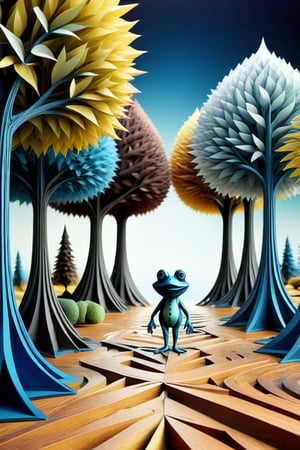 Kirigami art) a friendly smiley quite happy Alien   knows frog language ang has therefore a real good talk with the green frog he met,per cut, dark palette, bright blue background,  high resolution and contrast and colour contrast,  intricately textured and extremely subtle detailed,  detailmaster2,  side-light,  ultra quality, fine artwork 