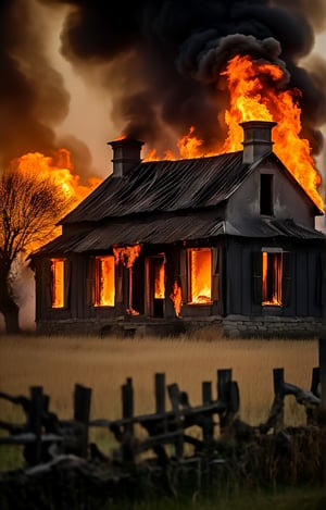 ( photography National geographic style,  masterpiece) A little farmhouse in a poor isolated countryside burns down. It's dramatic, tells a long story of hard work and lost fights . Hard and dry ground around ths burning house, old farmhouses stuff lying around. Dark, greyish dull colouring except for the flames shooting out of the farmhouse windows. Dark palette , high resolution and contrast and colour contrast,  intricately textured and extremely subtle detailed,  detailmaster2,  dramatic  lighting, ultra quality , fine artwork 