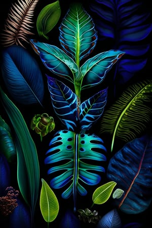 (Art photography)A surrealistic photographic look into the real world of rainforest life and living, plants animals depending on each other, seen in the creeping plant and animal structures,  extra dark palette, inverted  colours, green,   indigo, brown, teal, high resolution and contrast and colour contrast,  intricately textured and extremely subtle detailed,  detailmaster2,  side-light,  ultra quality,  fine artwork 