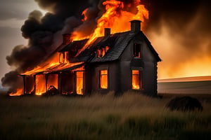 ( photography National geographic style,  masterpiece) A little farmhouse in a poor isolated countryside burns down. It's dramatic, tells a long story of hard work and lost fights . Hard and dry ground around ths burning house, old farmhouses stuff lying around. Dark, greyish dull colouring except for the flames shooting out of the farmhouse windows. Dark palette , high resolution and contrast and colour contrast,  intricately textured and extremely subtle detailed,  detailmaster2,  dramatic  lighting, ultra quality , fine artwork 