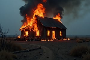 ( photography National geographic style,  masterpiece) A little farmhouse in a poor isolated countryside burns down. It's dramatic, tells a long story of hard work and lost fights . Hard and dry ground around ths burning house, old farmhouses stuff lying around. Dark, greyish dull colouring except for the flames shooting out of the farmhouse windows. Dark palette , high resolution and contrast and colour contrast,  intricately textured and extremely subtle detailed,  detailmaster2,  strobe lighting, ultra quality , fine artwork 