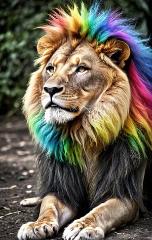  (photographic artwork) (monochrome  image 70s style black and white and rainbow colours)  a full-body  portrait  of a grinning  lion with a rainbow coloured  mane in a zoo, dark palette , transparent  fading,  resolution and contrast and colour contrast,  intricately textured and extremely subtle detailed,  detailmaster2,  side-light,  ultra quality,  fine artwork 