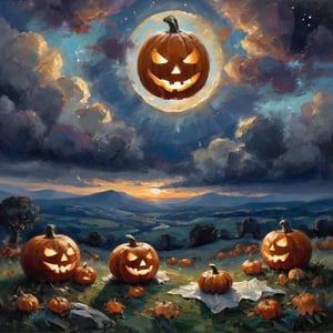 (((Colour painting)_(((Art painting, masterpiece)))_(((the painting of a Jack-o-lantern and the ghost of Jack at samhain by night:1.7)))_(((background, grassy plain all over in scarlet/indigo/tan:1.3)))_(((in the sky fantastically formed clouds:1.3)))_volumetric lighting, dramatic atmosphere, dark palette, 28mm, t1/250, f14,  deep focus, high resolution and contrast and colour contrast,  intricately textured and extremely subtle detailed,  detailmaster2, side-light,  ultra quality,  fine artwork , Raw Photo