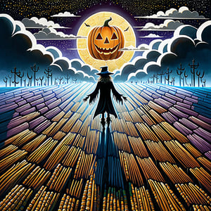 (((Colour painting)_(((Art painting, masterpiece)))_(((the painting of Jack as Scarecrow within a dry corn field:1.7)))_(((a Jack-o-lantern:1.5)))_(((and the ghost of Jack at samhain by night:1.3)))_(((background, grassy plain all over in violet/indigo/tan:1.3)))_(((in the sky fantastically formed clouds:1.3)))_volumetric lighting, dramatic atmosphere, dark palette, 28mm, t1/250, f14,  deep focus, high resolution and contrast and colour contrast,  intricately textured and extremely subtle detailed,  detailmaster2, side-light,  ultra quality,  fine artwork , Raw Photo