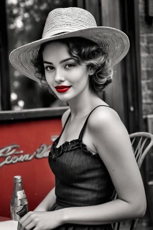  (photographic artwork, masterpiece) (((monochrome  image 40s style black and white) and red ), yellow hue to the background)  a full-body  portrait  of a grinning  lady with dark red lipstick coloured lips wearing a small straw hat in a parc , dark palette , transparent  fading,  resolution and contrast and colour contrast,  intricately textured and extremely subtle detailed,  detailmaster2,  side-light,  ultra quality,  fine artwork 