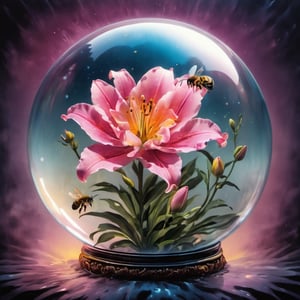 Inside of a glass bubble is A WONDER flower half lily, half rose for everybody to bring love and courage back together with magic bees, high_resolution and contrast and colour contrast,  intricately textured and extremely subtle and elegantly detailed,  detailmaster2, side-light,  ultra quality ,Movie Poster,ink art,retro ink,line art illustration,bubbleGL