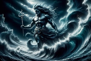Poseidon appears from thestormy seam dark palette,  high resolution and contrast and colour contrast,  intricately textured and extremely subtle detailed,  detailmaster2,  side-light,  ultra quality,  fine artwork ,colorful