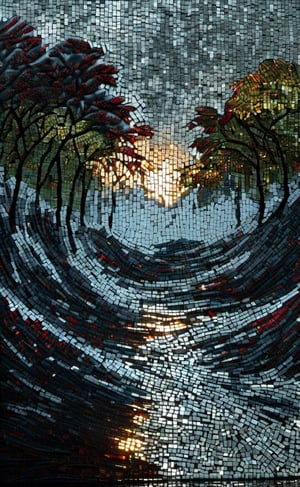 A glass mosaic of landscape with small lake and trees around in the foreground and high mountains  in the background,  dark palette,  high resolution and contrast and colour contrast,  intricately textured and extremely subtle detailed,  detailmaster2,  side-light,  epic view,  fine artwork ,DonMPl4sm4T3chXL ,colorful
