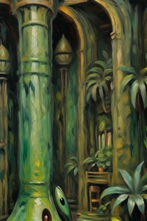 A surrealistic oil paint reminiscenting rainforest life, structures and textures intermingle, it's also concrete as fantastical, no perspective, 1 image plane view, extra dark palette of greens and browns, masterpiece,  ultra quality,  fine artwork inspired  by Max Ernst's works 